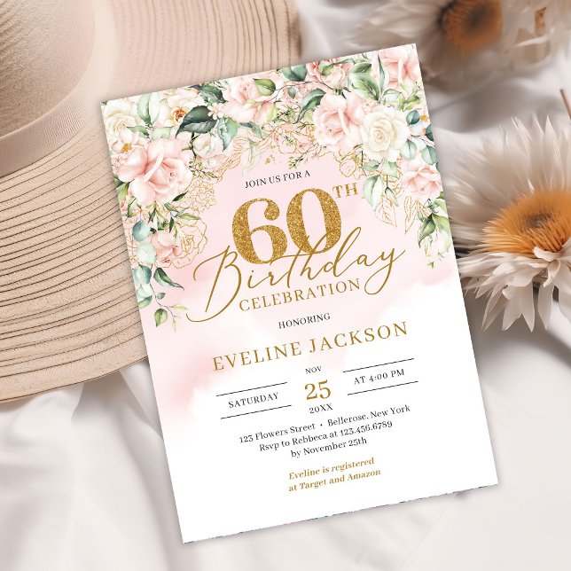 Invitation Parties scintillant d'or rose douce roses 60e anni (Watercolor blush pink roses eucalyptus and gold 60th birthday invitation digital)