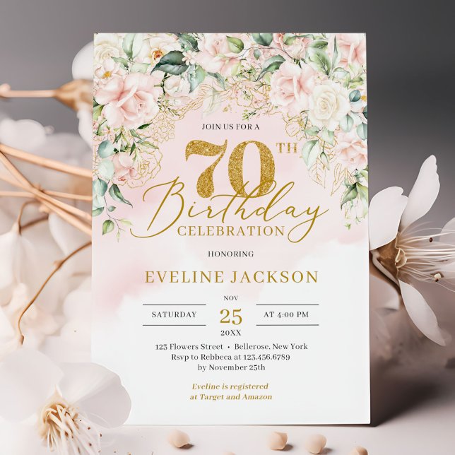 Invitation Parties scintillant d'or rose douce roses 70e anni (Chic elegant soft pink roses greenery and gold 70th birthday invitation digital)