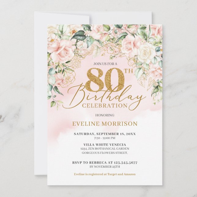 Invitation Parties scintillant d'or rose douce roses 80e anni (Devant)