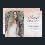 Invitation parties scintillant d'or rose en marbre blanc phot<br><div class="desc">Une simple parties scintillant rose en or moderne scintille élégamment sur l'invitation à la fête d'anniversaire du Sweet sixteen en marbre blanc,  ajoutez votre photo .</div>