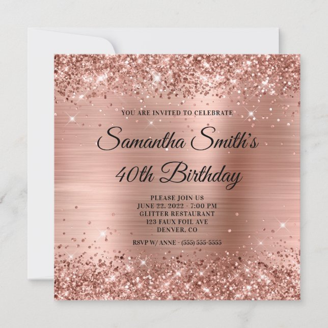 Invitation Parties scintillant d'or rose et glam Foil 40e ann (Devant)
