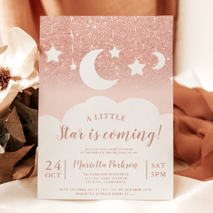 Invitation parties scintillant d'or rose étoile de lune baby