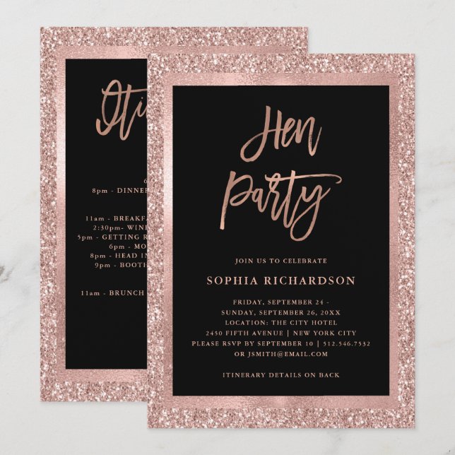 Invitation Parties scintillant d'or Rose Faux | Hen Party ave (Devant / Derrière)
