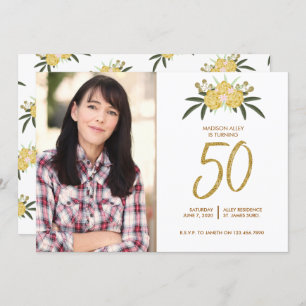 Invitation Parties scintillant d'or Rose & Feuilles botanique