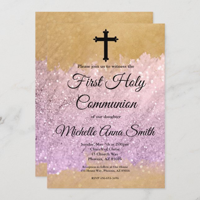 Invitation Parties scintillant d'or rose fille 1ère première  (Devant / Derrière)