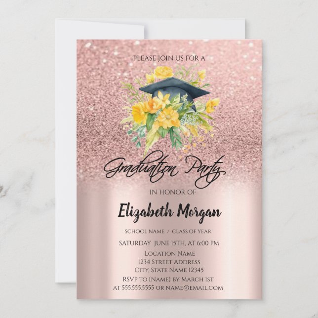 Invitation Parties scintillant d'or rose Floral Grad Casquett (Devant)