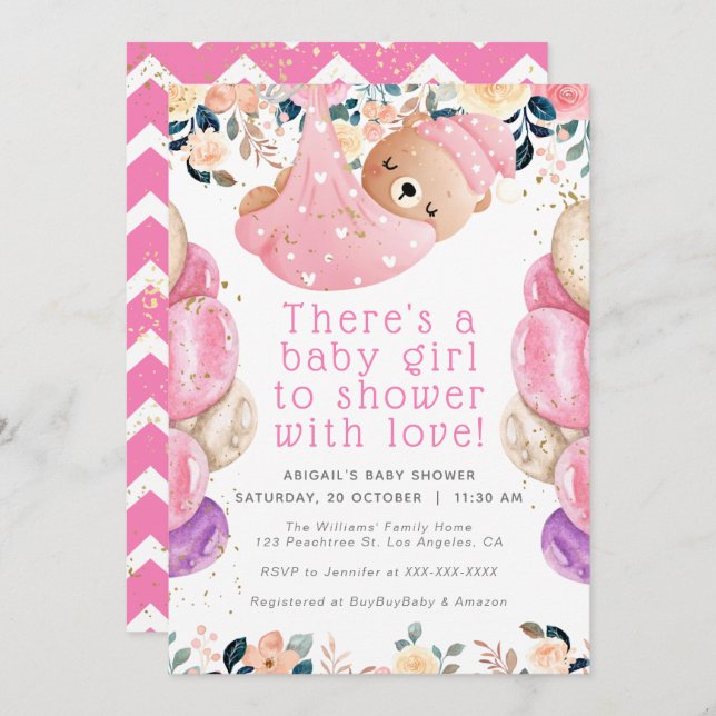 Invitation Parties scintillant d'or rose Floral Ours Baby sho (Devant / Derrière)