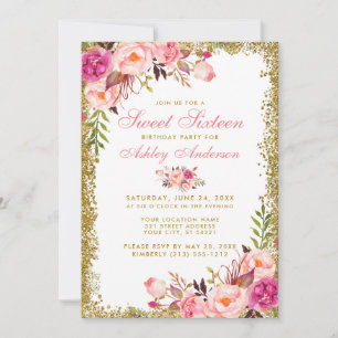 Invitation Parties scintillant d'or rose Floral Sweet 16 Anni