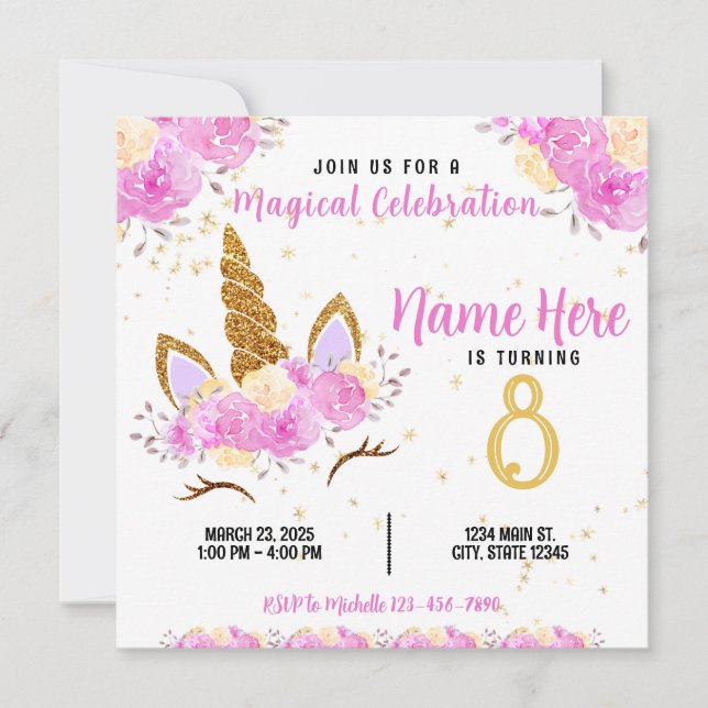 Invitation Parties scintillant d'or rose floral Unicorn Anniv (Devant)