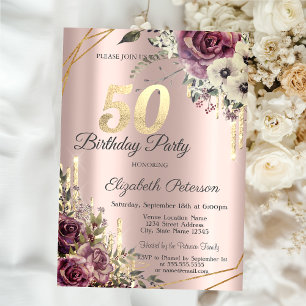 Invitation Parties scintillant d'or Rose Gold Floral 50e anni