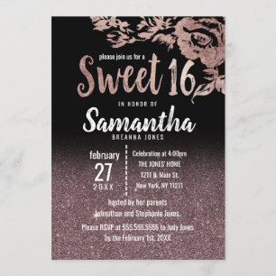 Invitation Parties scintillant d'or Rose noir Gradient Floral