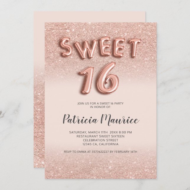 Invitation parties scintillant d'or rose ombre lettres rose c (Devant / Derrière)