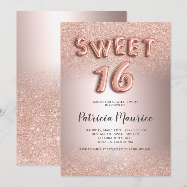 Invitation parties scintillant d'or rose ombres lettres métal (Devant / Derrière)