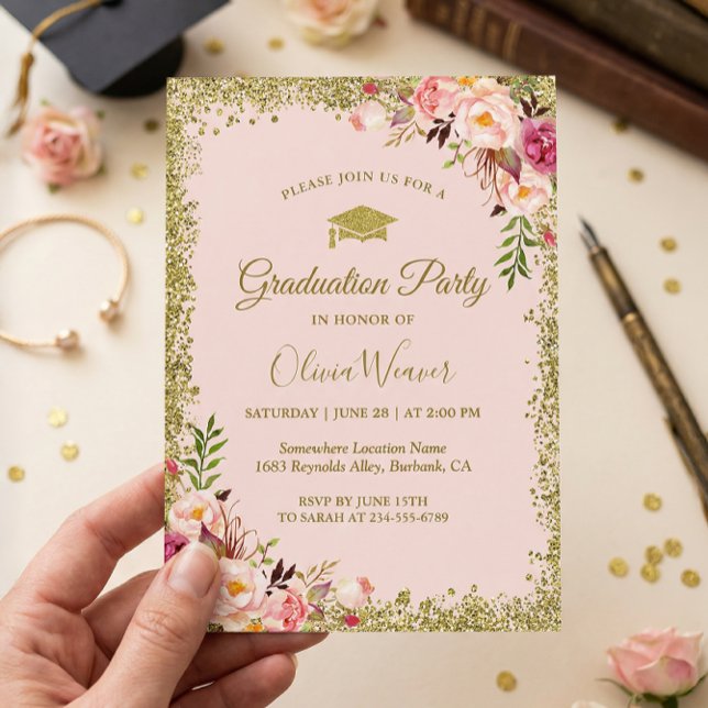 Invitation Parties scintillant d'or rose pâle Floral Photo Gr (Créateur téléchargé)