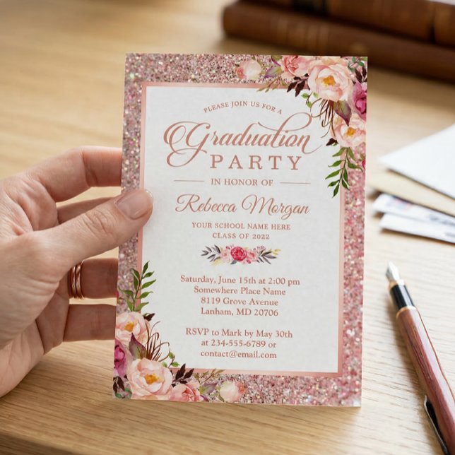 Invitation Parties scintillant d'or rose Pink Floral Graduati (Créateur téléchargé)