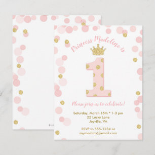 Invitation Parties scintillant d'or rose princesse 1er annive