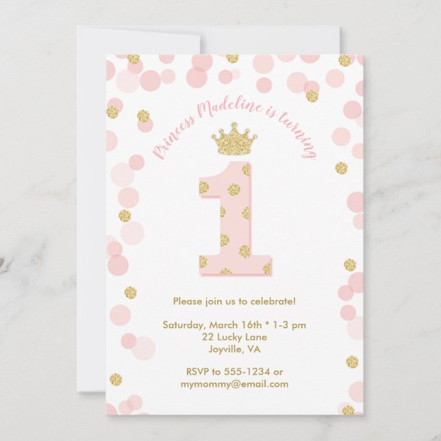 Invitation Parties scintillant d'or rose Princesse 1er annive (Devant)