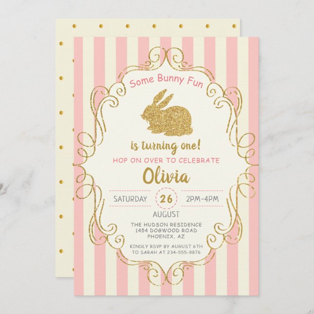 Invitation Parties scintillant d'or rose Quelques Bunny Invit (Devant / Derrière)