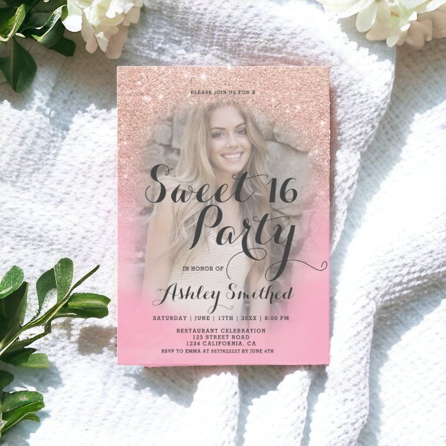 Invitation parties scintillant d'or rose rose aquarelle photo (Rose gold glitter pink watercolor photo Sweet 16 Invitation)