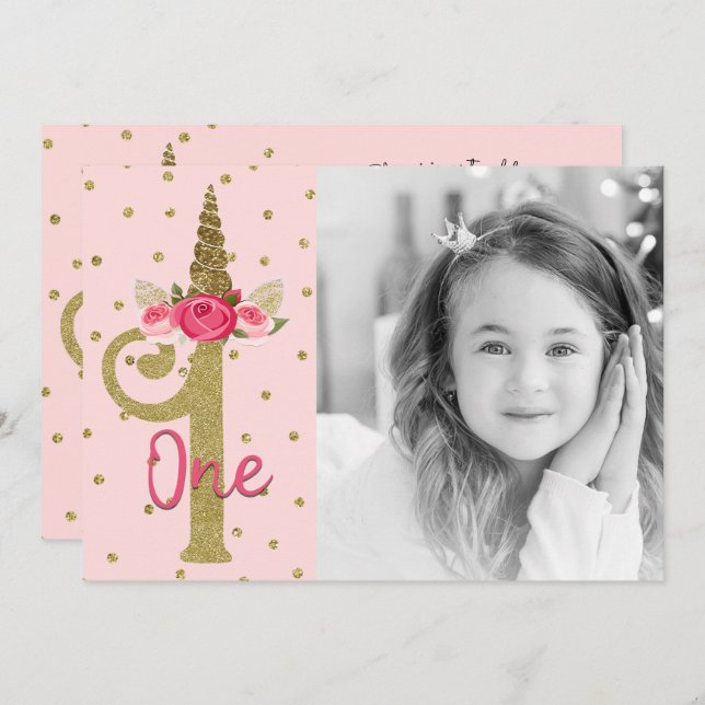 Invitation Parties scintillant d'or rose Unicorn ONE 1er anni (Devant / Derrière)