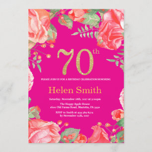 Invitation Parties scintillant d'or rouge Floral 70e annivers
