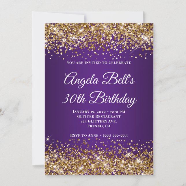 Invitation Parties scintillant d'or Royal violet Monogramme 3 (Devant)