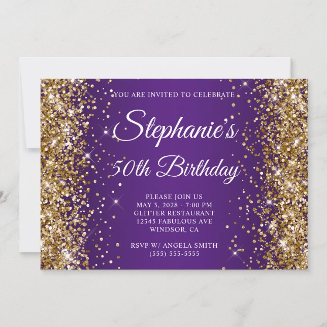 Invitation Parties scintillant d'or Royal violet Monogramme 5 (Devant)