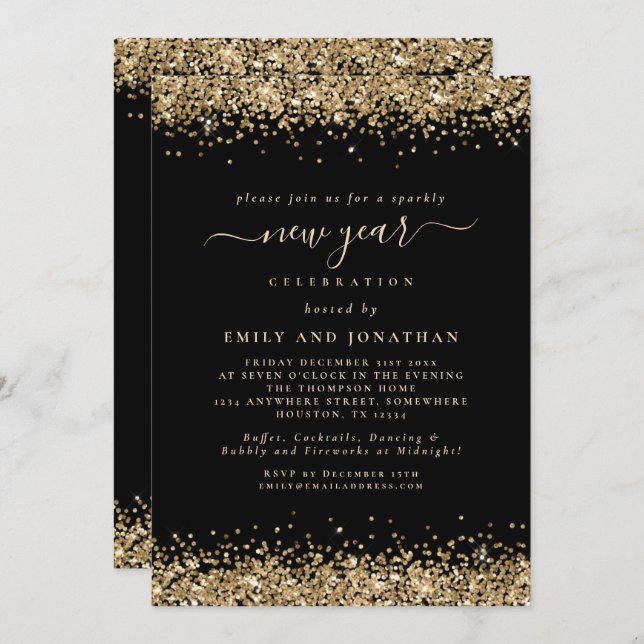 Invitation Parties scintillant d'or Script Black New Years Ev (Devant / Derrière)