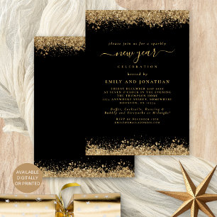 Invitation Parties scintillant d'or Script Black New Years Ev