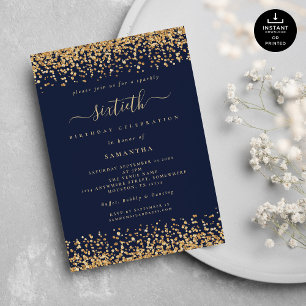 Invitation Parties scintillant d'or Script Marine Blue Glam 6