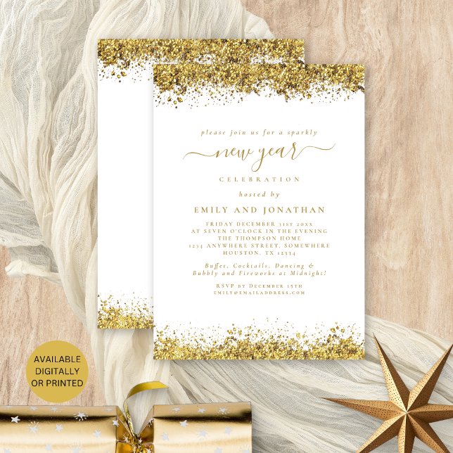 Invitation Parties scintillant d'or Script White Nouvel An So (Front and back view. Available digitally or printed.)