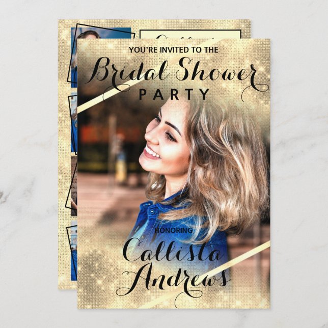 Invitation Parties scintillant d'or Sequins Corners Fête des  (Devant / Derrière)