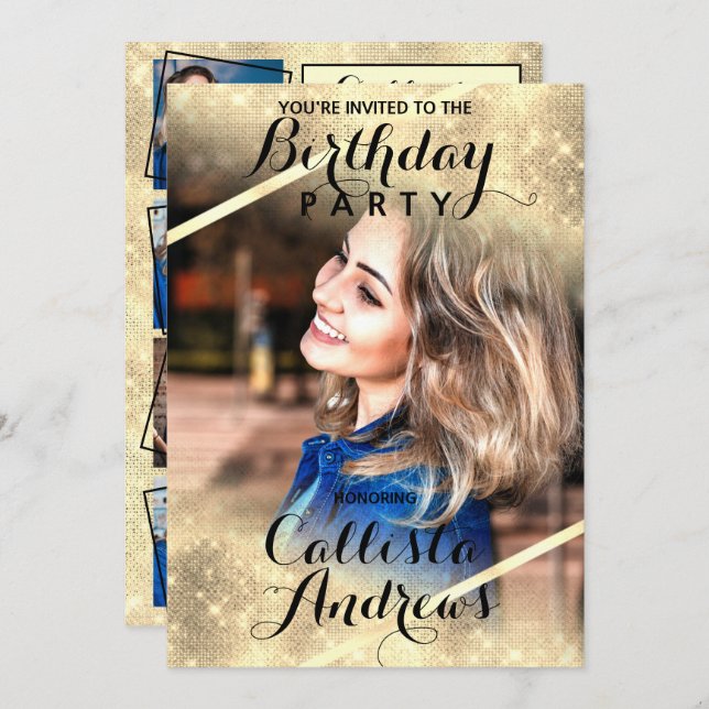 Invitation Parties scintillant d'or Sequins Corners Photo Ann (Devant / Derrière)