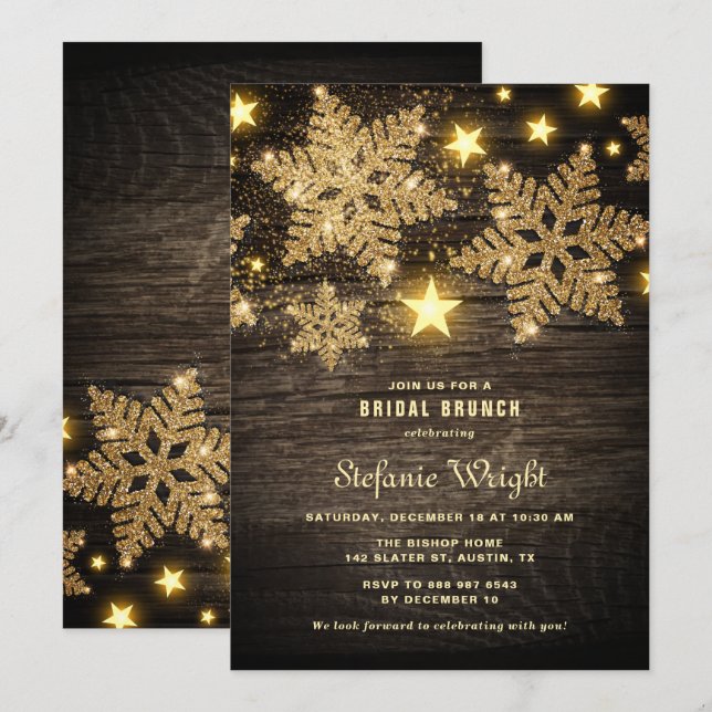 Invitation Parties scintillant d'or Snowflakes Rustic Bridal  (Devant / Derrière)