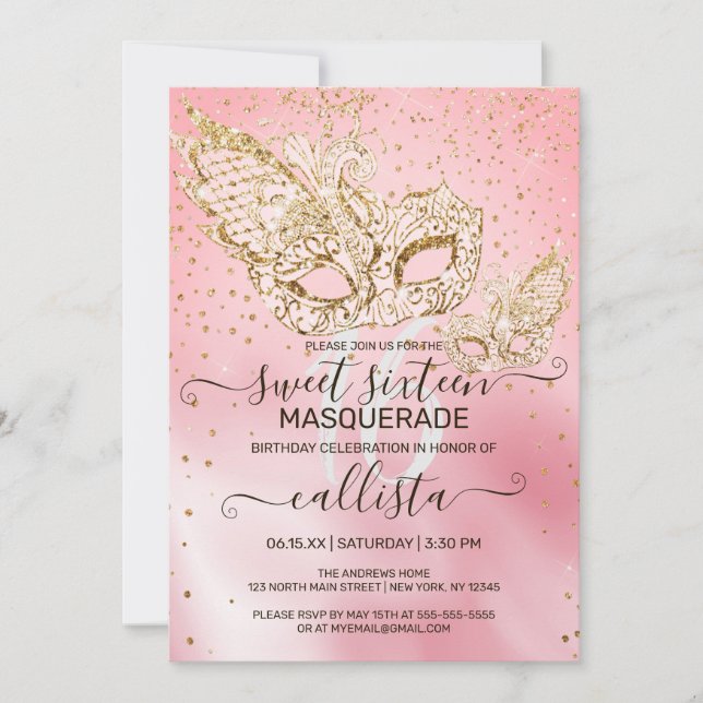 Invitation Parties scintillant d'or Soie rose Masquerade Swee (Devant)