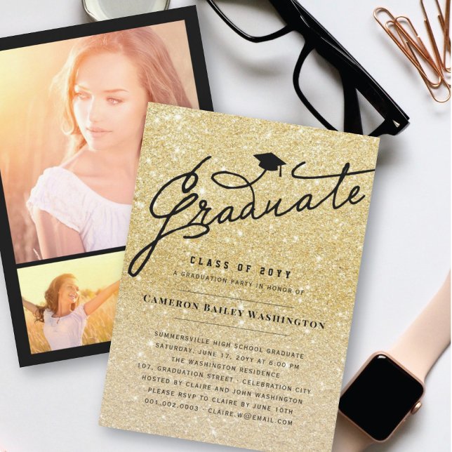 Invitation Parties scintillant d'or Stylish Graduate Graduate (Créateur téléchargé)