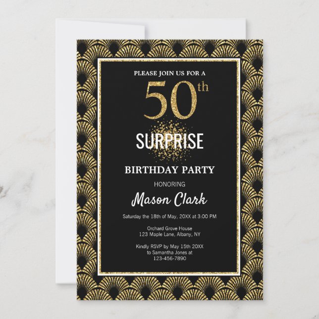 Invitation Parties scintillant d'or sur Black Surprise 50e an (Devant)