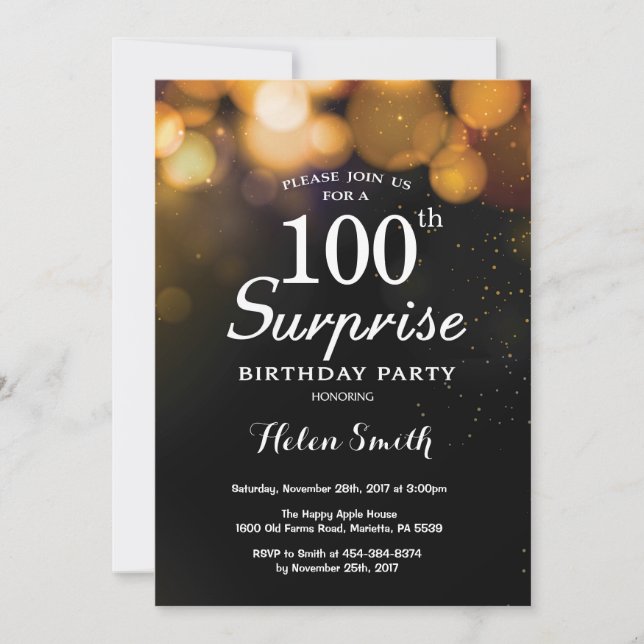 Invitation Parties scintillant d'or Surprise 100e anniversair (Devant)