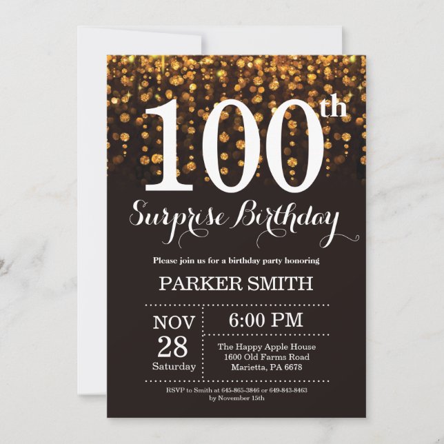Invitation Parties scintillant d'or Surprise 100e anniversair (Devant)