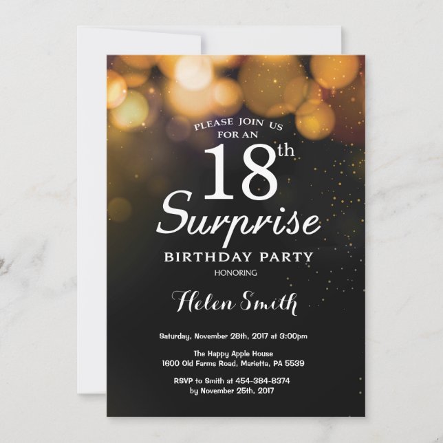 Invitation Parties scintillant d'or Surprise 18e anniversaire (Devant)