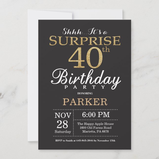 Invitation Parties scintillant d'or Surprise 40e anniversaire (Devant)