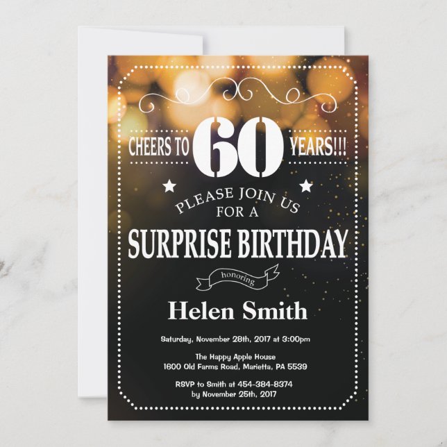 Invitation Parties scintillant d'or Surprise 60e anniversaire (Devant)