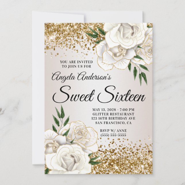 Invitation Parties scintillant d'or Sweet sixteen de verre fl (Devant)