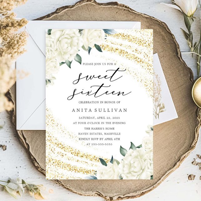 Invitation Parties scintillant d'or Sweet sixteen floral 16 A (Créateur téléchargé)