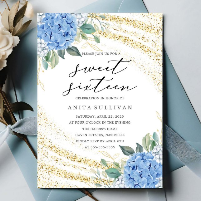 Invitation Parties scintillant d'or Sweet sixteen floral bleu (Créateur téléchargé)