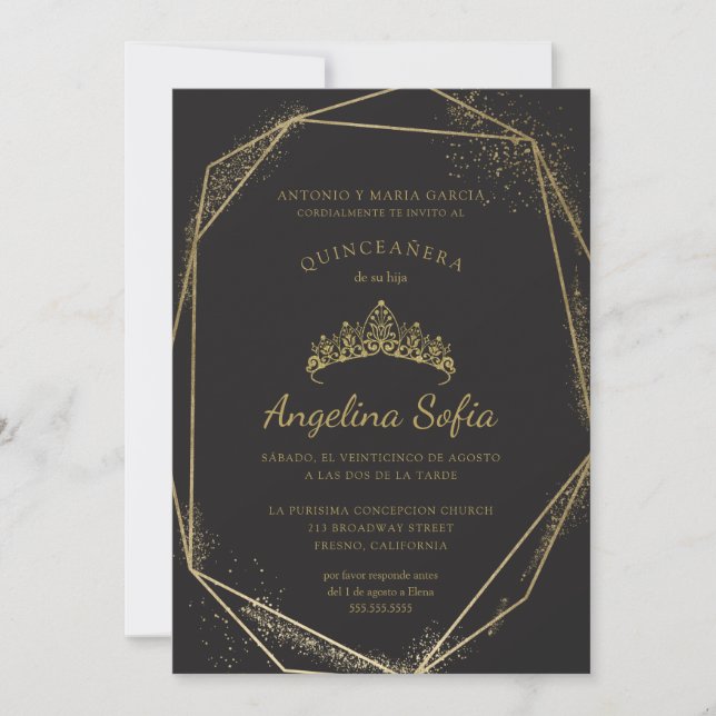 Invitation Parties scintillant d'or Tiara Quinceanera (Devant)