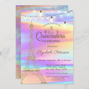 Invitation Parties scintillant d'or Tour Eiffel Holographique