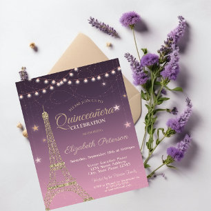 Invitation Parties scintillant d'or Tour Eiffel, Quinceañera 