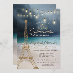 Invitation Parties scintillant d'or Tour Eiffel, Tiara Beach 