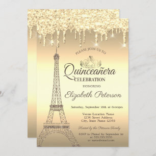 Invitation Parties scintillant d'or Tour Eiffel, Tiara, Drive